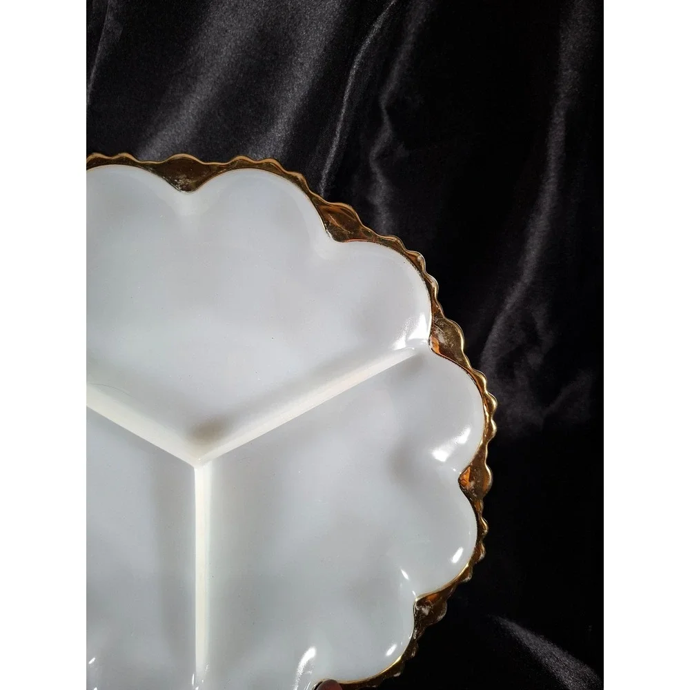 Vintage Milk Glass Divided Relish Dish Scalloped Gold Trim 3 Section Server